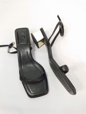 Zara Black Ankle Strap Sandals Gold Block Heel Size 40